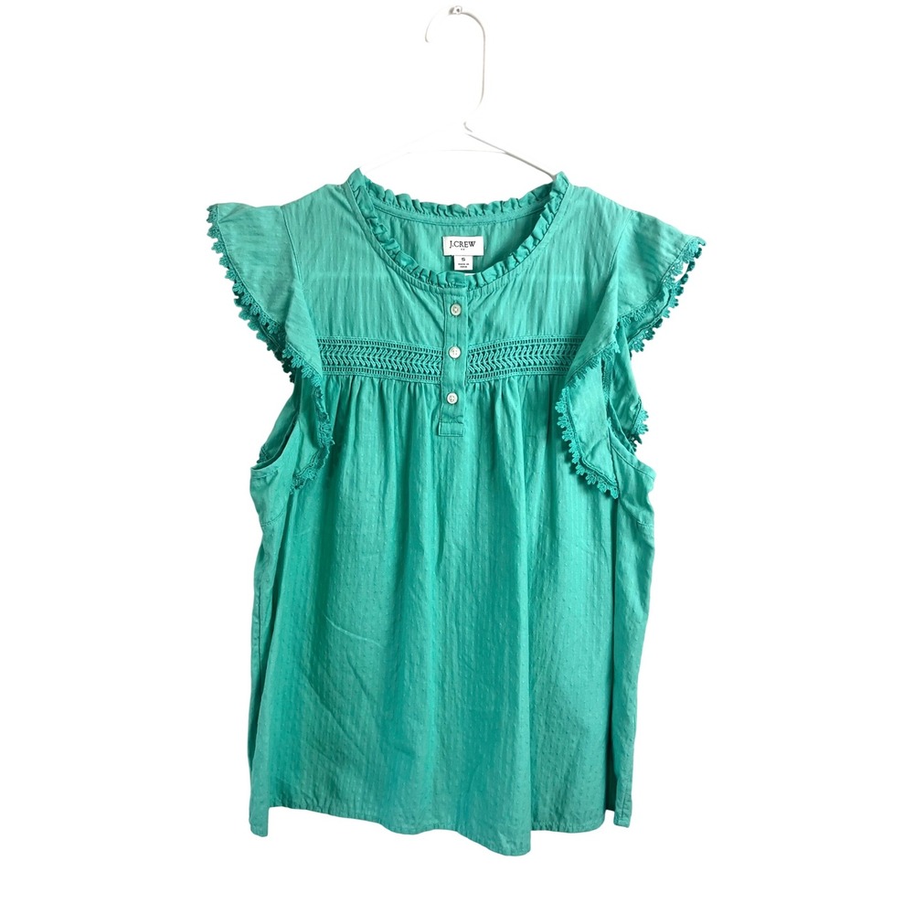 J.‎ Crew Green Sleeveless Ruffle Top Size Small Cotton Business Casual